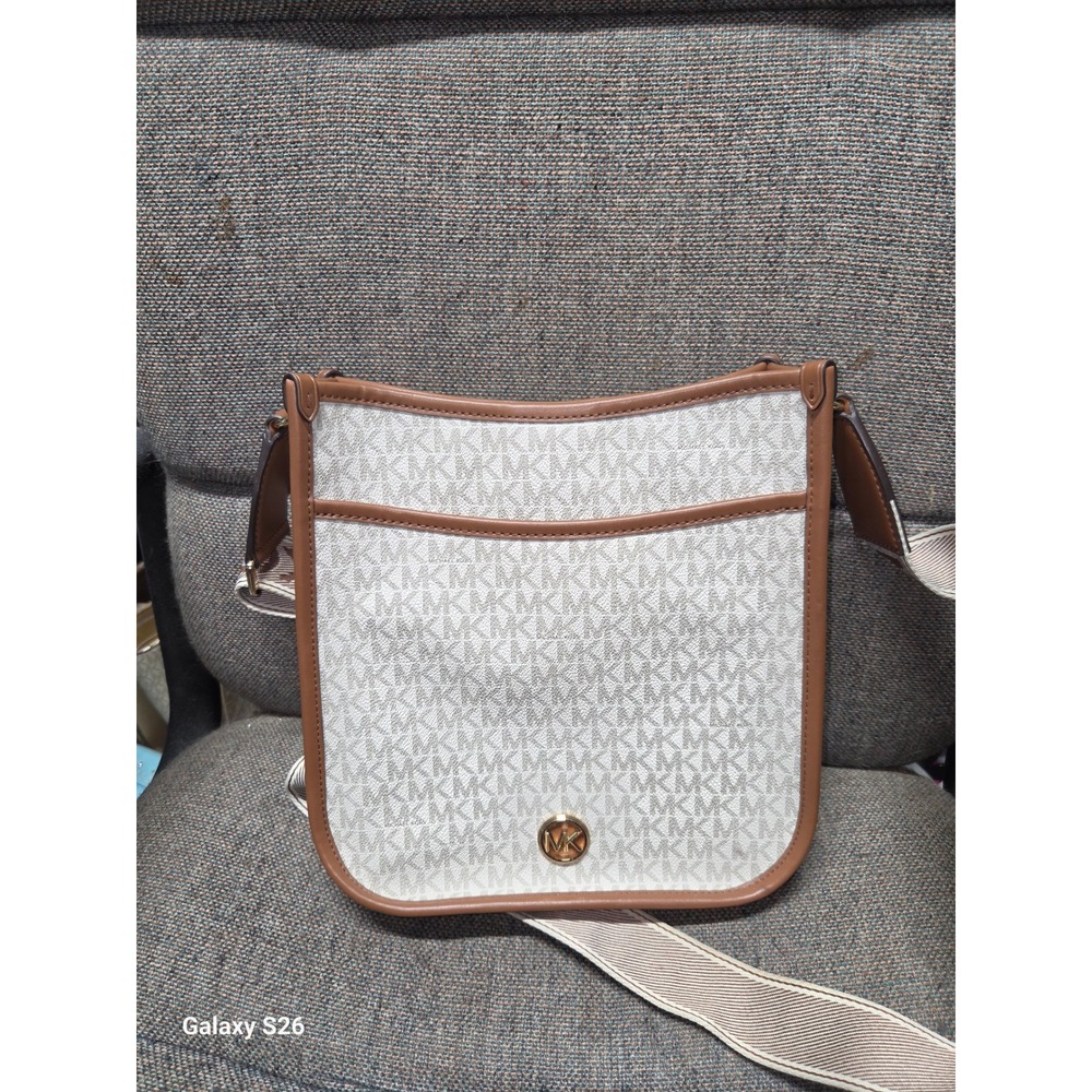 30. Michael Kors Signature Logo Crossbody Bag White Brown Leather Web Strap